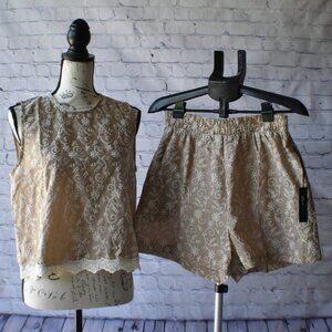 NWT AliceBlue White Embroidered Tan Top & Shorts Set | Boho Summer Outfit Size M